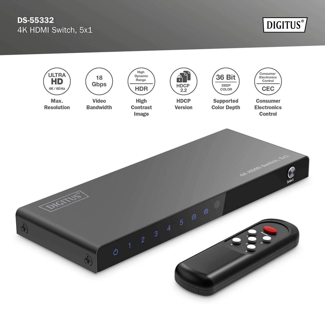 Een 4K HDMI-switch (Model: DS-55332) van DIGITUS, 5 ingangen, 1 uitgang. Ondersteunt 4K-resolutie, HDR, HDCP 2.2, inclusief afstandsbediening.