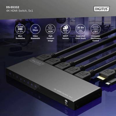 'Zwarte 4K HDMI-Switch met 5 ingangen en 1 uitgang, 18 Gbit/s, HDR, HDCP 2.2, besturing via afstandsbediening of CEC.'