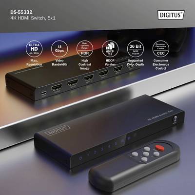 Een zwarte HDMI-switch met vijf aansluitingen, zichtbare merknaam en afstandsbediening. Functies: 4K-resolutie, HDR, HDCP 2.2, 36-bits diepte.