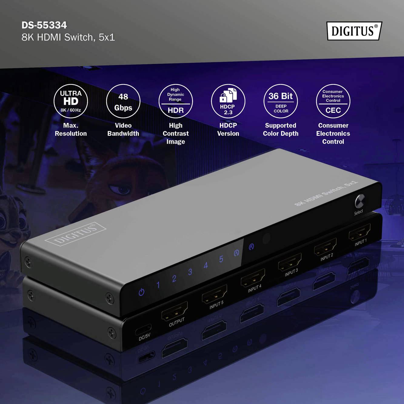 Een 8K HDMI-switch van Digitus, model DS-55334, met vijf ingangen en één uitgang. Ondersteunt 48 Gbps, HDR, HDMI 2.1 en HDCP 2.3.