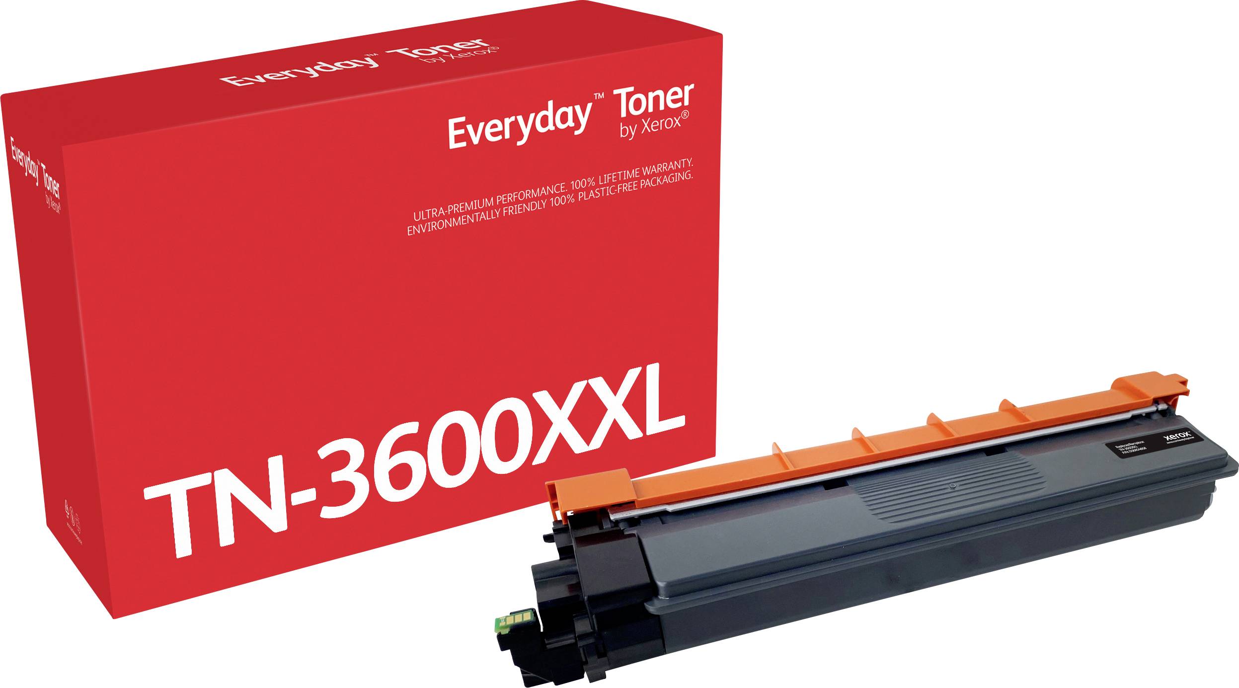 Een rode verpakking met de tekst 'Everyday Toner by Xerox TN-3600XXL', naast een zwarte tonercartridge.