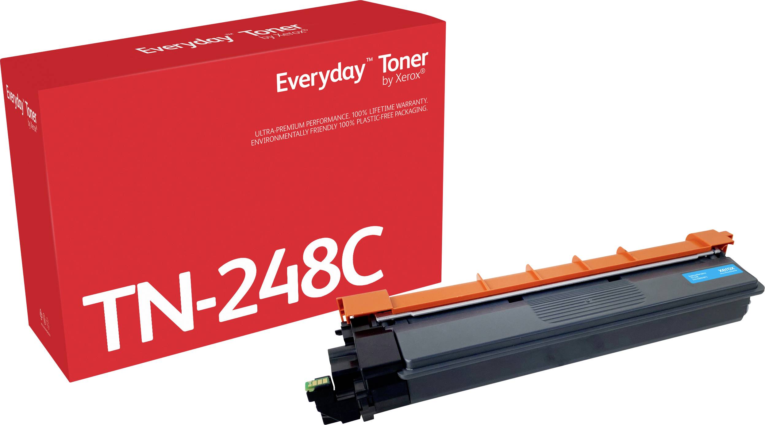 Tonerinktcartridge TN-248C naast een rode verpakking met de tekst 'Everyday Toner by Xerox', geschikt voor kleurenprinters.