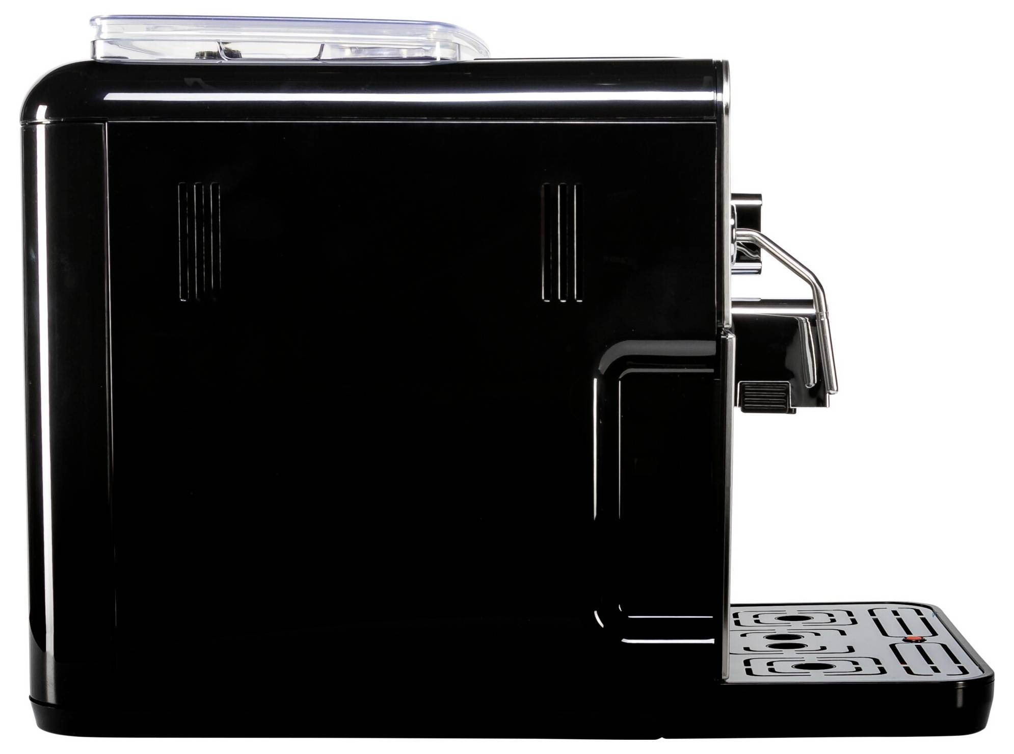 Een zwarte koffiemachine gezien van opzij, met opvangbak en een hendel voor het invoeren van koffiecapsules.