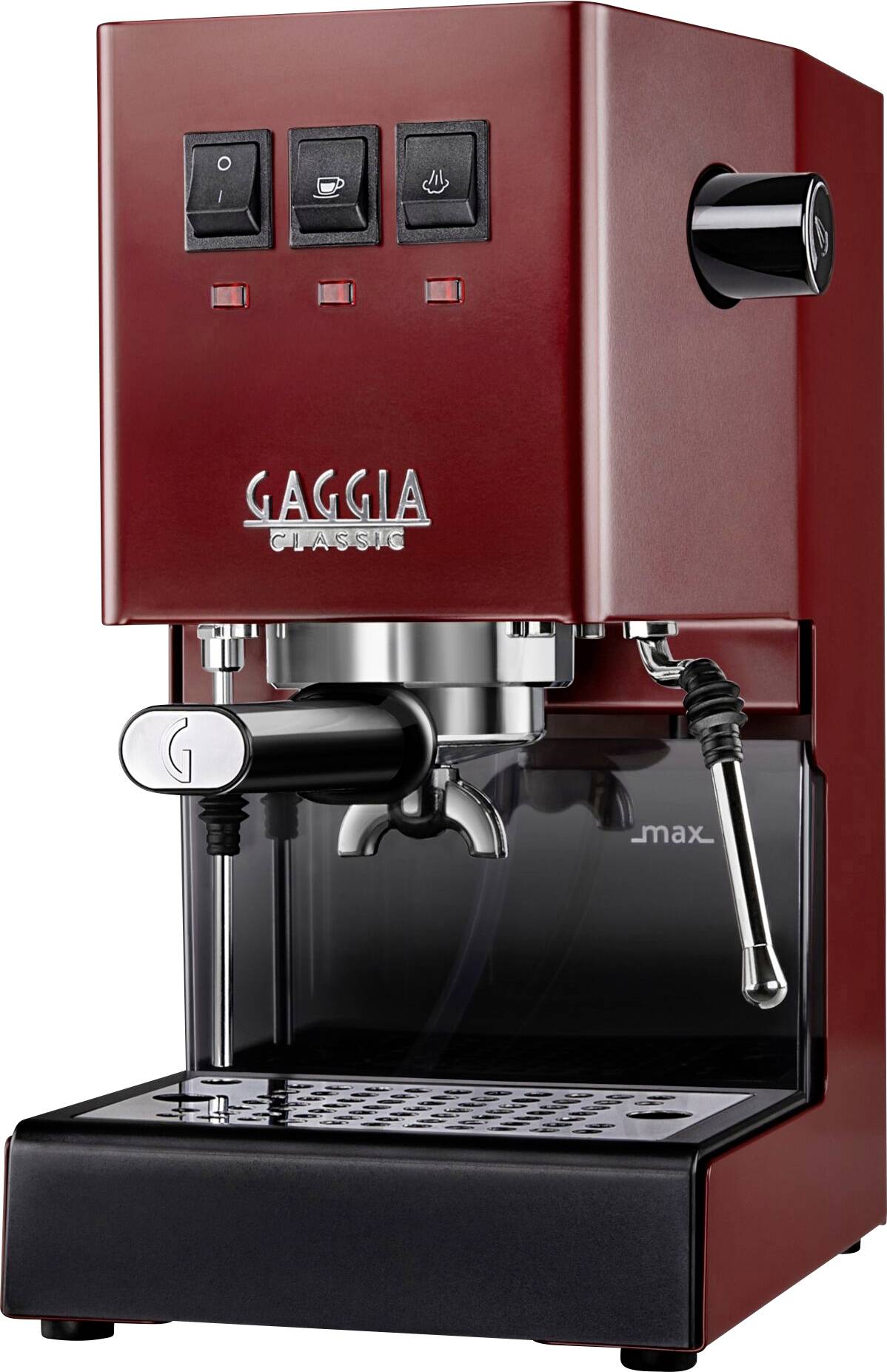 Rode espressomachine met drie knoppen en stoomwand, merk 'Gaggia'.