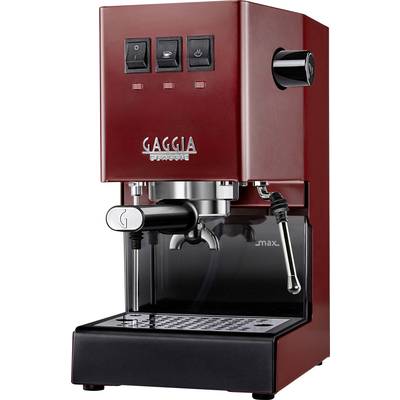 Rode espressomachine met drie knoppen en stoomwand, merk 'Gaggia'.