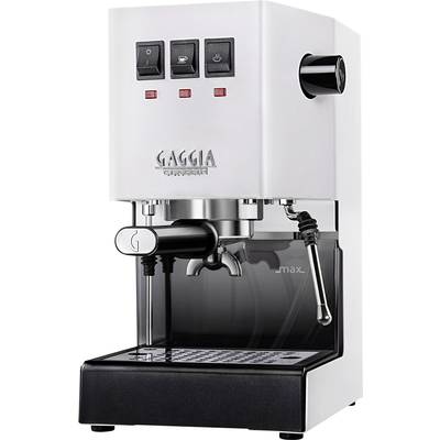 Witte espressomachine met drie knoppen en een stoommond, merk zichtbaar op de voorkant, geschikt voor koffiezetting thuis.