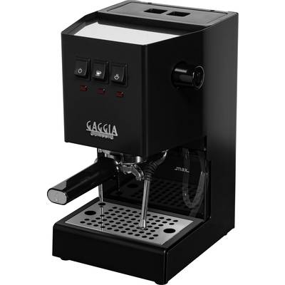 Zwarte espressomachine met drie schakelaars bovenaan, 'Gaggia' logo op de voorkant, stoomwand en verwijderbare lekbak.