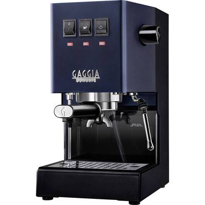 Espressomachine met zwarte behuizing, knoppen voor instellingen en stoomstang. Opschrift 'Gaggia Classic' op de voorkant.
