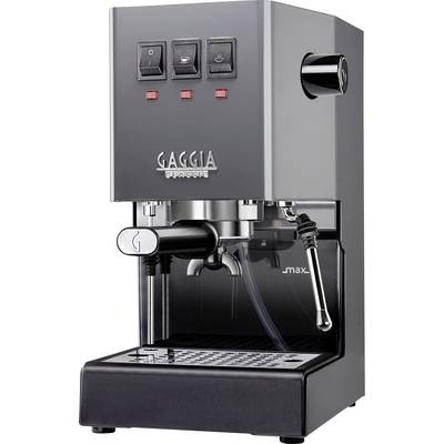 'Roestvrijstalen espressomachine met drie knoppen bovenaan, stoomwand rechts en kopjesplateau onderaan. Opschrift 'GAGGIA Classic' op de voorkant.'