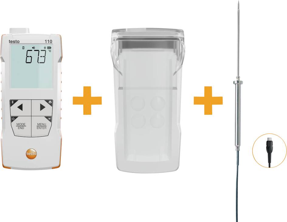 Een digitale thermometerset met display, beschermbehuizing en temperatuursensor, ideaal voor nauwkeurige temperatuurmetingen.