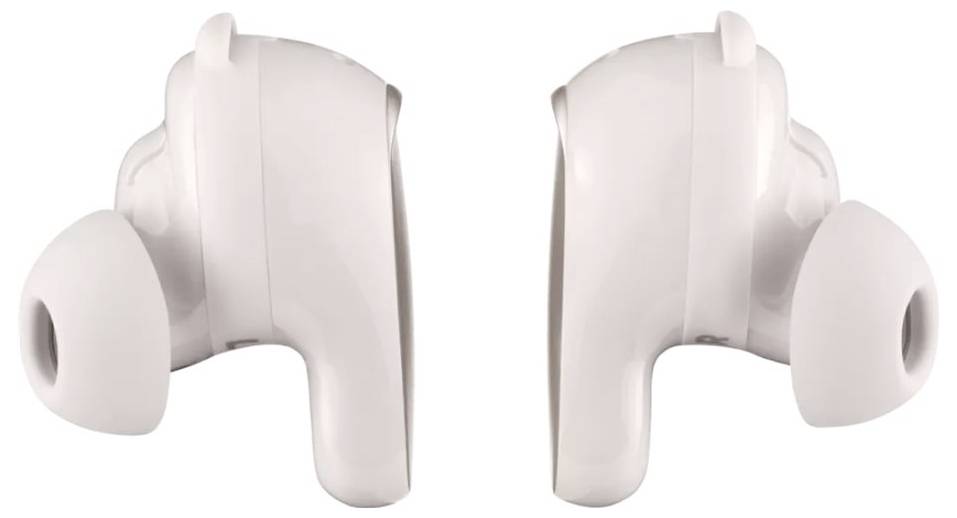 Twee witte draadloze in-ear koptelefoons, naast elkaar weergegeven.