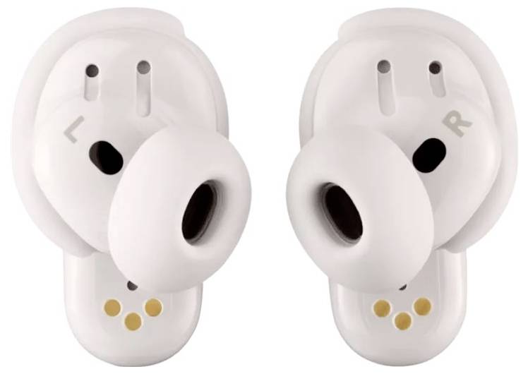 Witte draadloze oordopjes met 'L' en 'R' markeringen, tonen de binnenkant en oplaadaansluitingen.