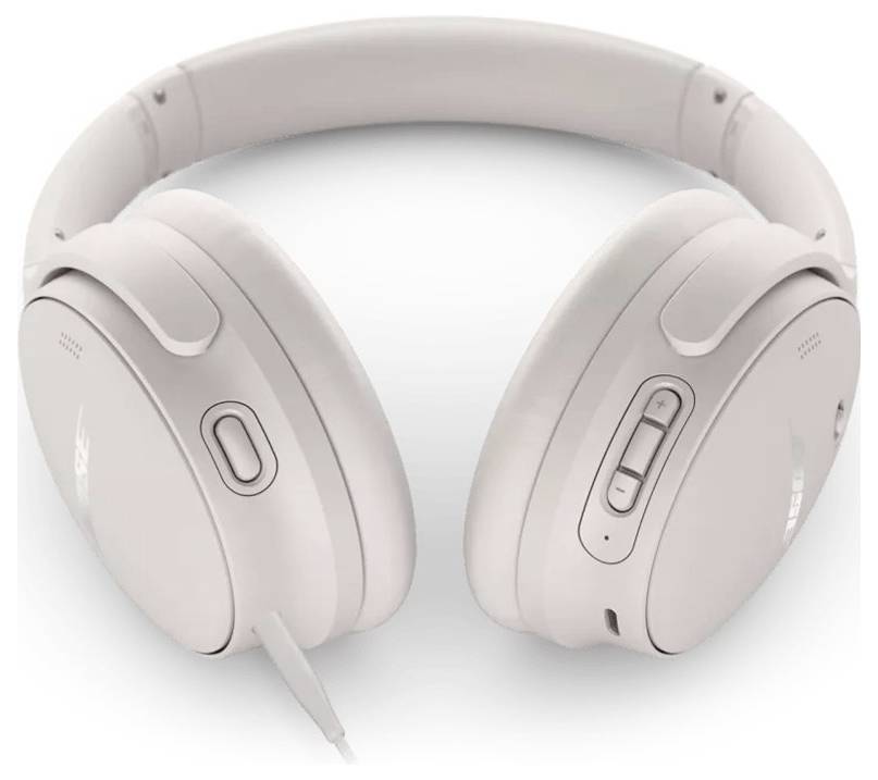 Witte over-ear koptelefoon met bedieningsknoppen aan de zijkant, inclusief volumeregelaar en aansluitkabel rechts.