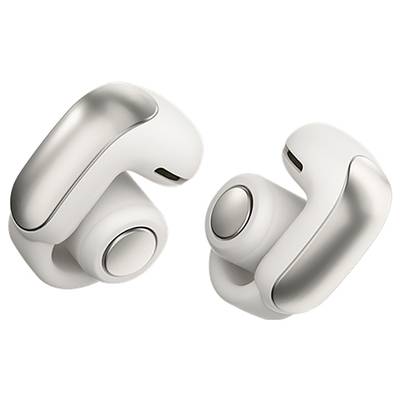 Witte draadloze oordopjes met een glanzende, zilveren accent liggen op een oppervlak. Ze zijn modern en ergonomisch vormgegeven.