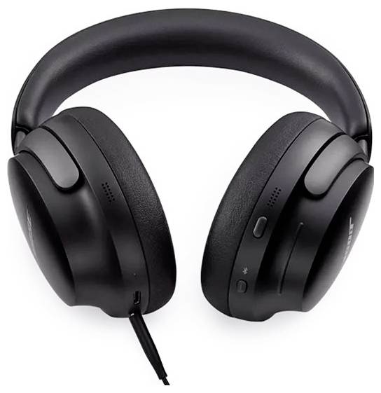 Een zwarte Bluetooth-koptelefoon op een witte achtergrond, met oorschelpen en bedieningselementen aan de zijkant, verbonden via een kabel.