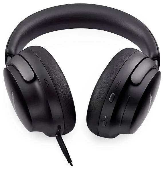 Zwarte over-ear-koptelefoon met zachte vulling, bedieningsknoppen aan de zijkant. Geschikt voor muziek of telefoongesprekken.