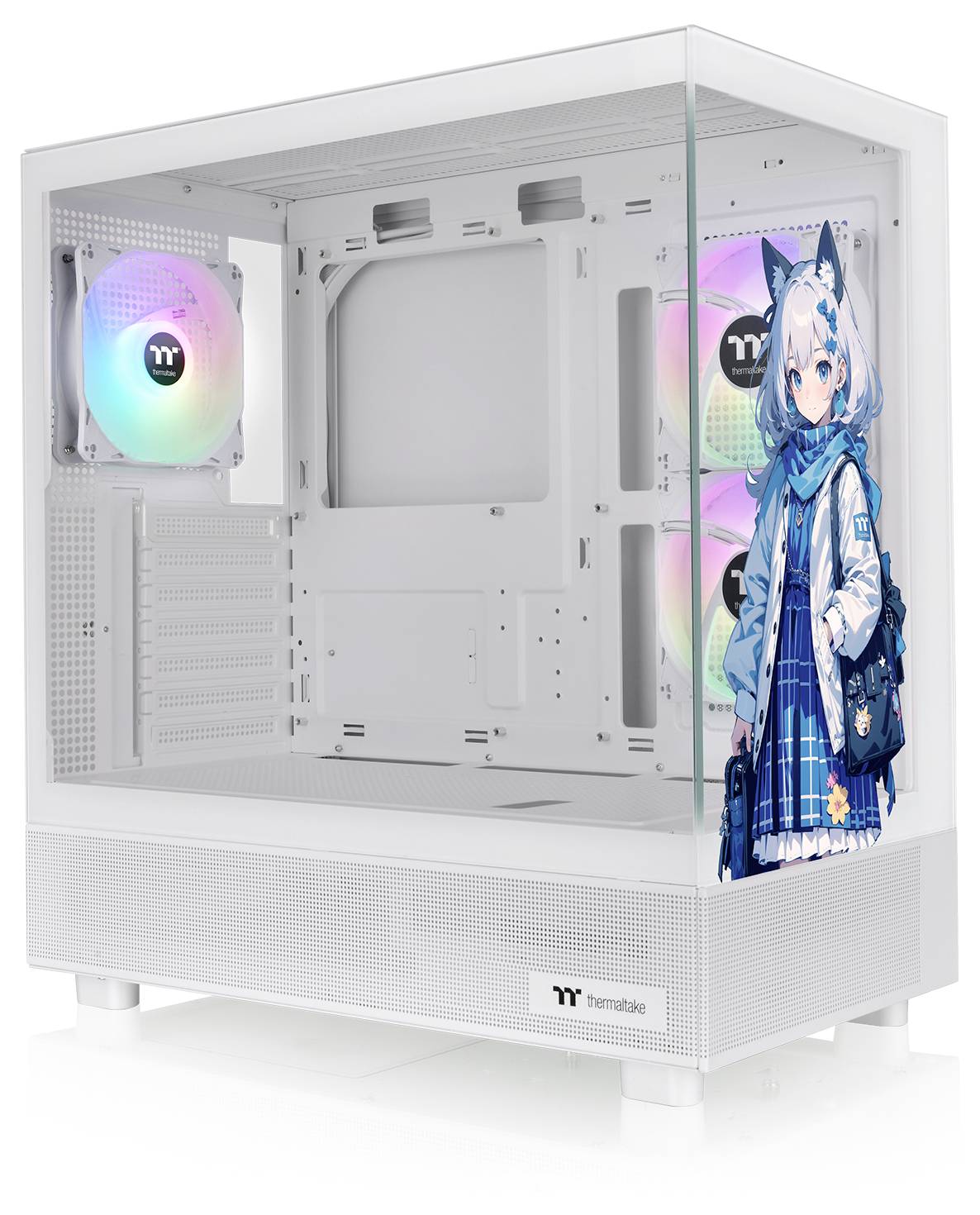 Wit pc-behuizing met glazen zijwand, LED-ventilatoren en een anime-figuur met blauwe haren en een capuchonjas erop.