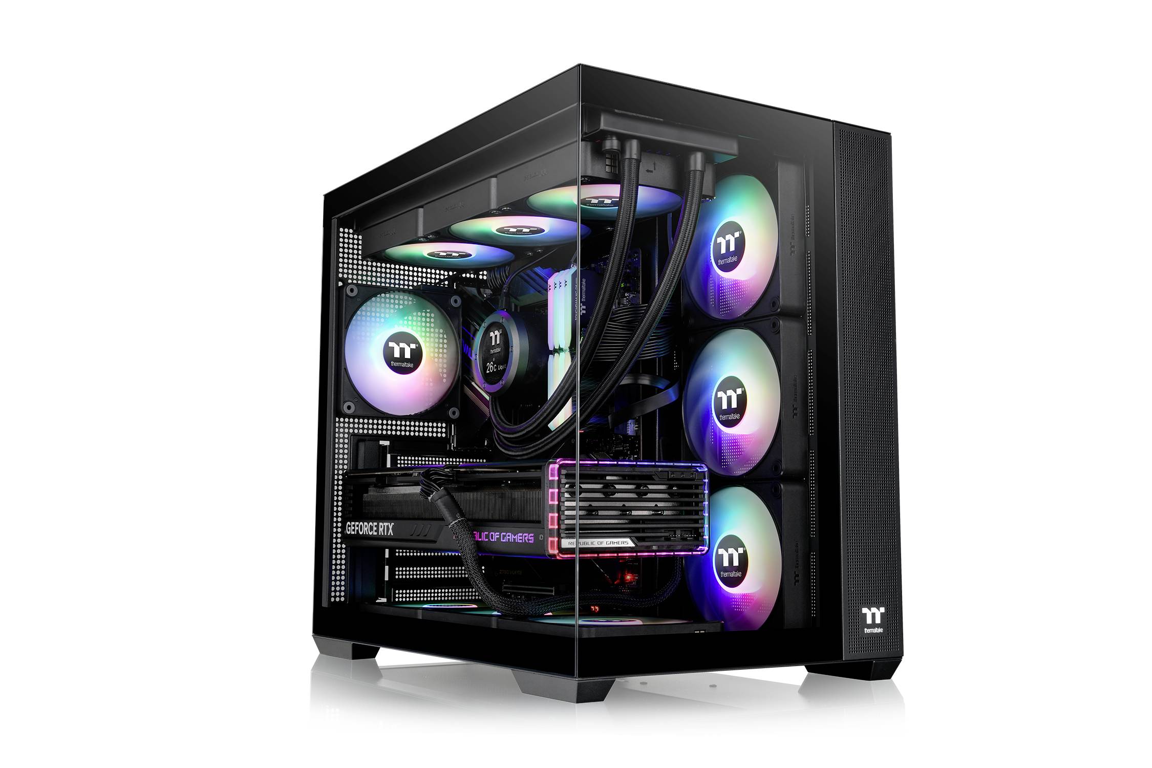 Een gaming-pc met verlicht behuizing toont meerdere kleurrijke ventilatoren en een grafische kaart. Ideaal voor krachtig gamen.