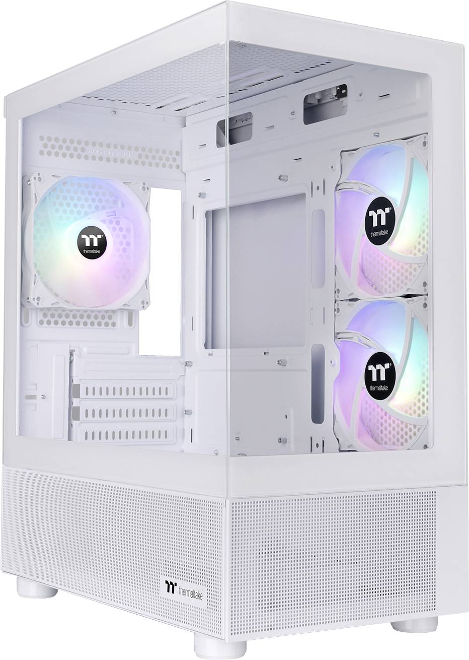 Een wit PC-behuizing met een glasvenster toont RGB-verlichte ventilatoren aan de binnenkant, geschikt voor computerbouw-enthousiastelingen.