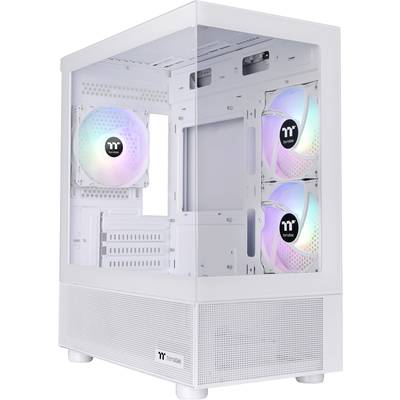 Een wit PC-behuizing met een glasvenster toont RGB-verlichte ventilatoren aan de binnenkant, geschikt voor computerbouw-enthousiastelingen.