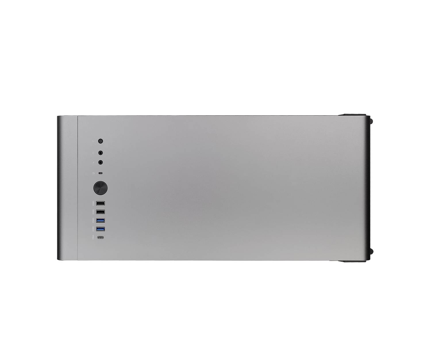 Een zilveren computerbehuizing van bovenaf, met zichtbare ventilatieopeningen en aansluitingen aan een zijkant.