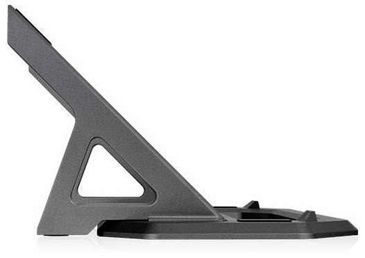 Een zwarte laptopstandaard met een schuin driehoeksontwerp en een stevige basis, biedt een verhoogde positie voor koeling en comfort.