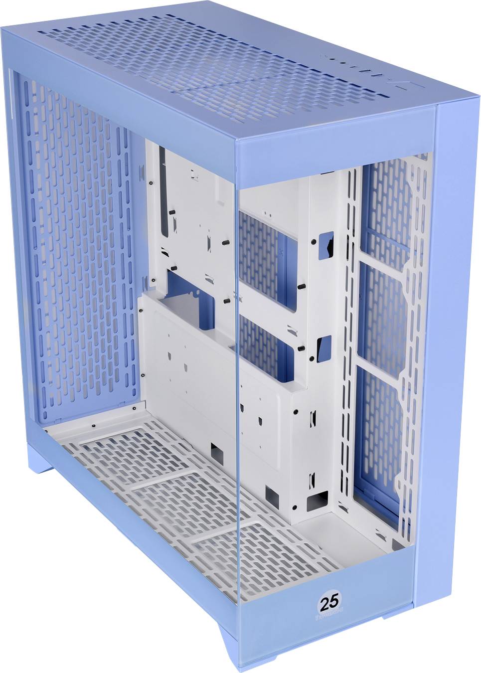 Een leeg, rechtop staand pc-behuizingsframe in blauw en wit met een transparante zijwand.