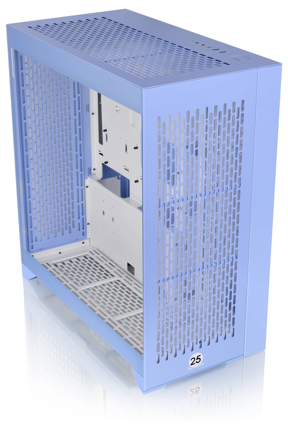 Een blauw, verticaal geplaatst computerbehuizing met geventileerde zijpanelen, waarbij het binnenframe en de behuizingsbasis zichtbaar zijn.