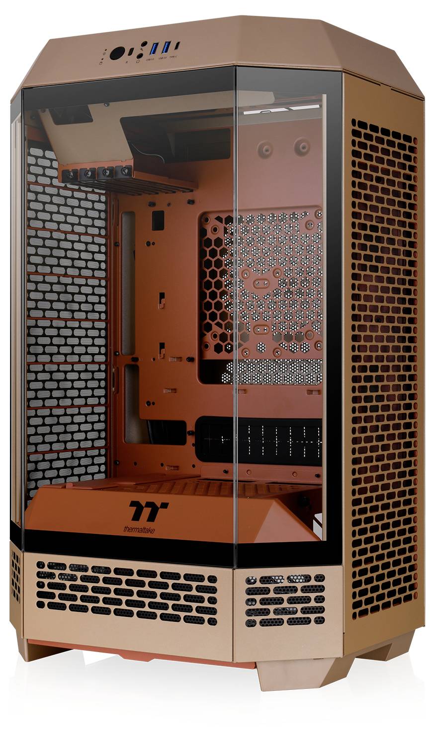 Een bronskleurige computerbehuizing met een zeshoekige vorm, zijdelingse ventilatierooster en een transparante voorkant.