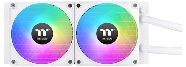 Twee computerventilators met oplichtende RGB-kleuren en een Thermaltake-logo in het midden, naast elkaar geplaatst.