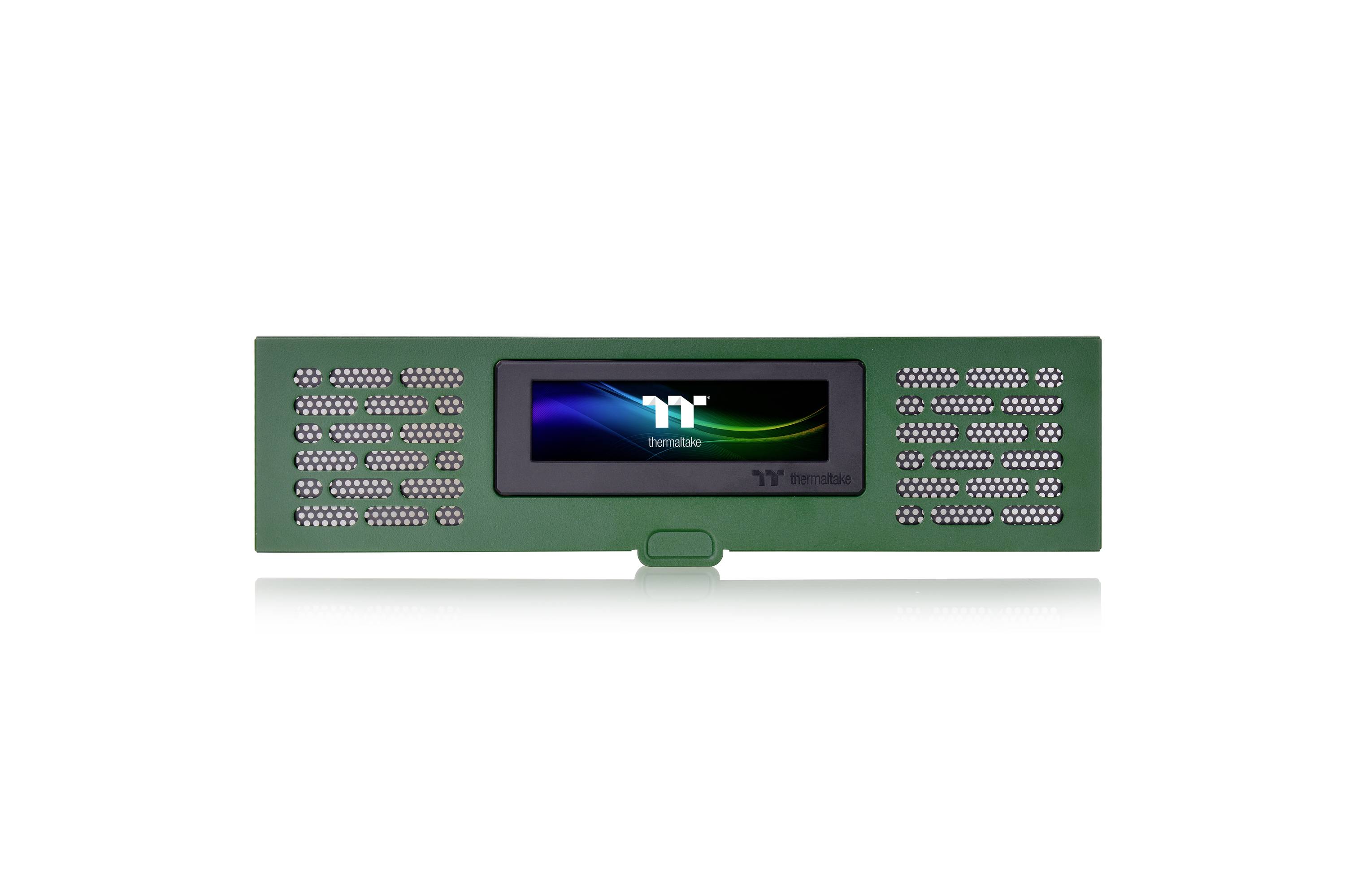 Een groene elektronische koelbehuizing met een klein, centraal scherm dat een logo en kleurovergang weergeeft.