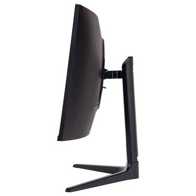 Zijaanzicht van een moderne computermonitor met een gebogen scherm, zwarte behuizing en een stabiele standaard.