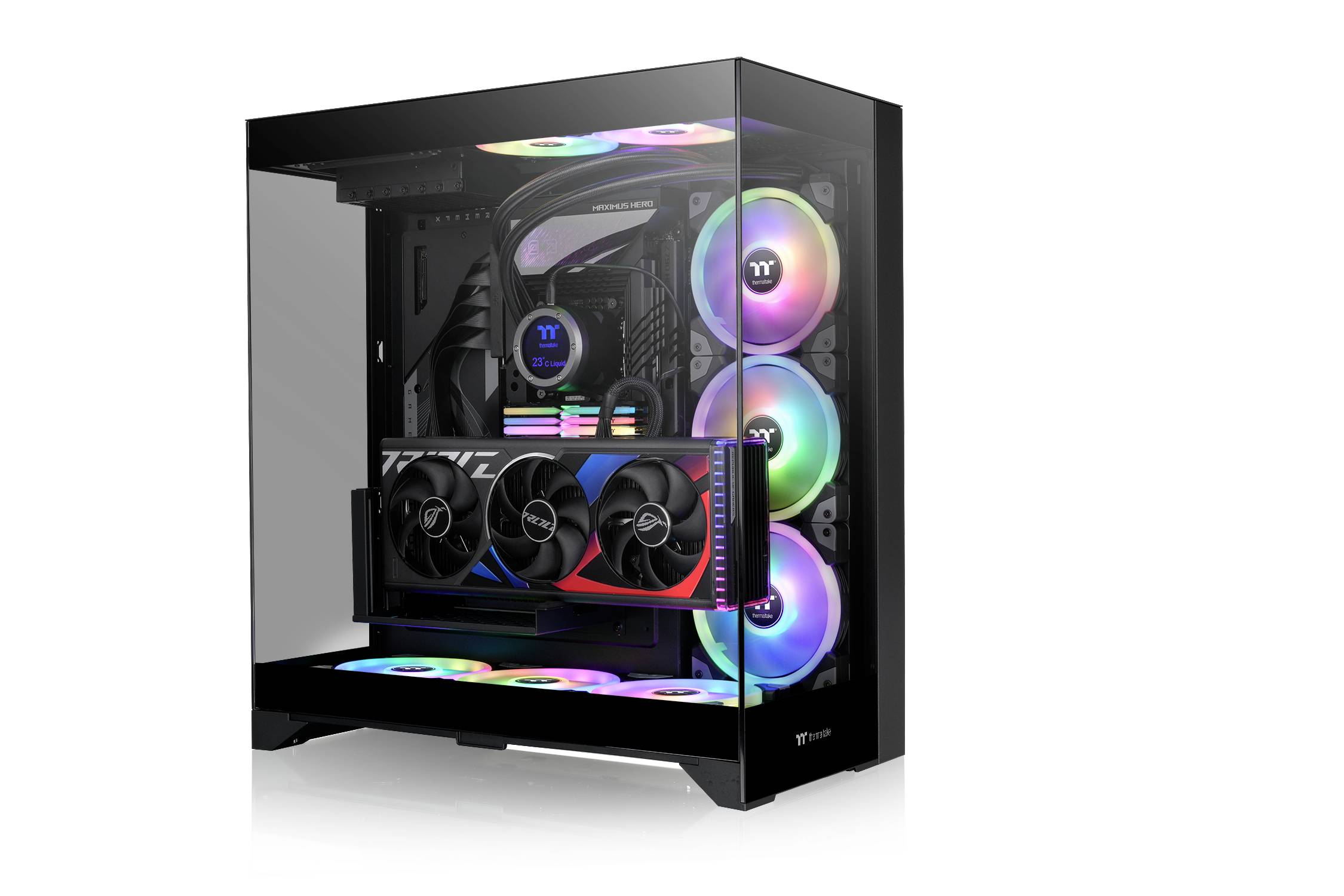 Een moderne gaming-pc met een glazen behuizing, kleurrijke RGB-verlichting en krachtige componenten zoals ventilatoren en een grote videokaart.