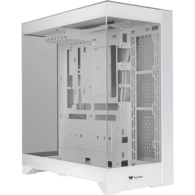 Een wit computerbehuizing met een glazen voorpaneel en open zijkanten, die de interne structuur en uitbreidingssleuven zichtbaar maakt.