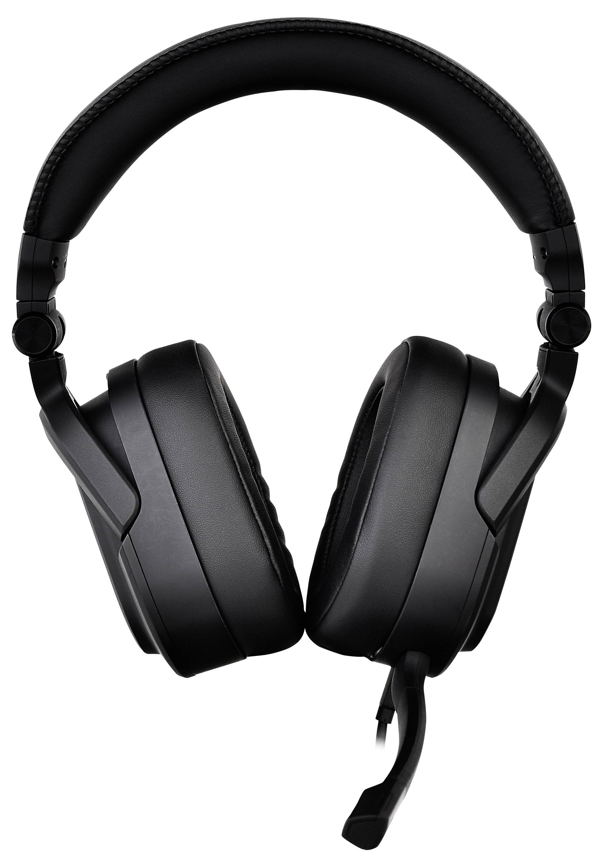 Een paar zwarte over-ear koptelefoons met microfoon, frontaal weergegeven.