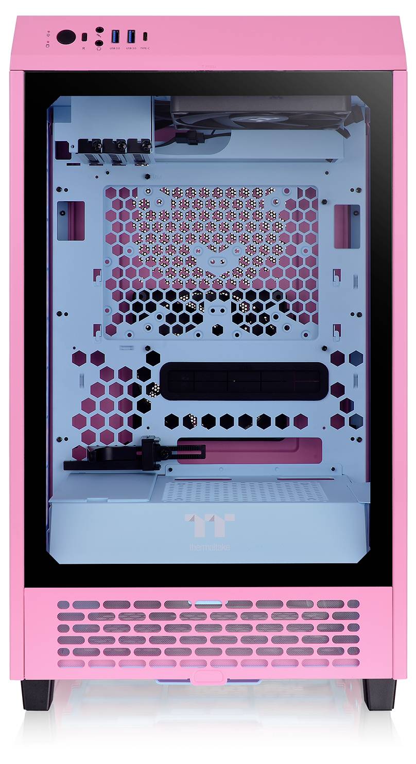 Roze en blaue pc-behuizing met transparant zijpaneel, toont interne behuizingsstructuur en ventilatiepatroon.