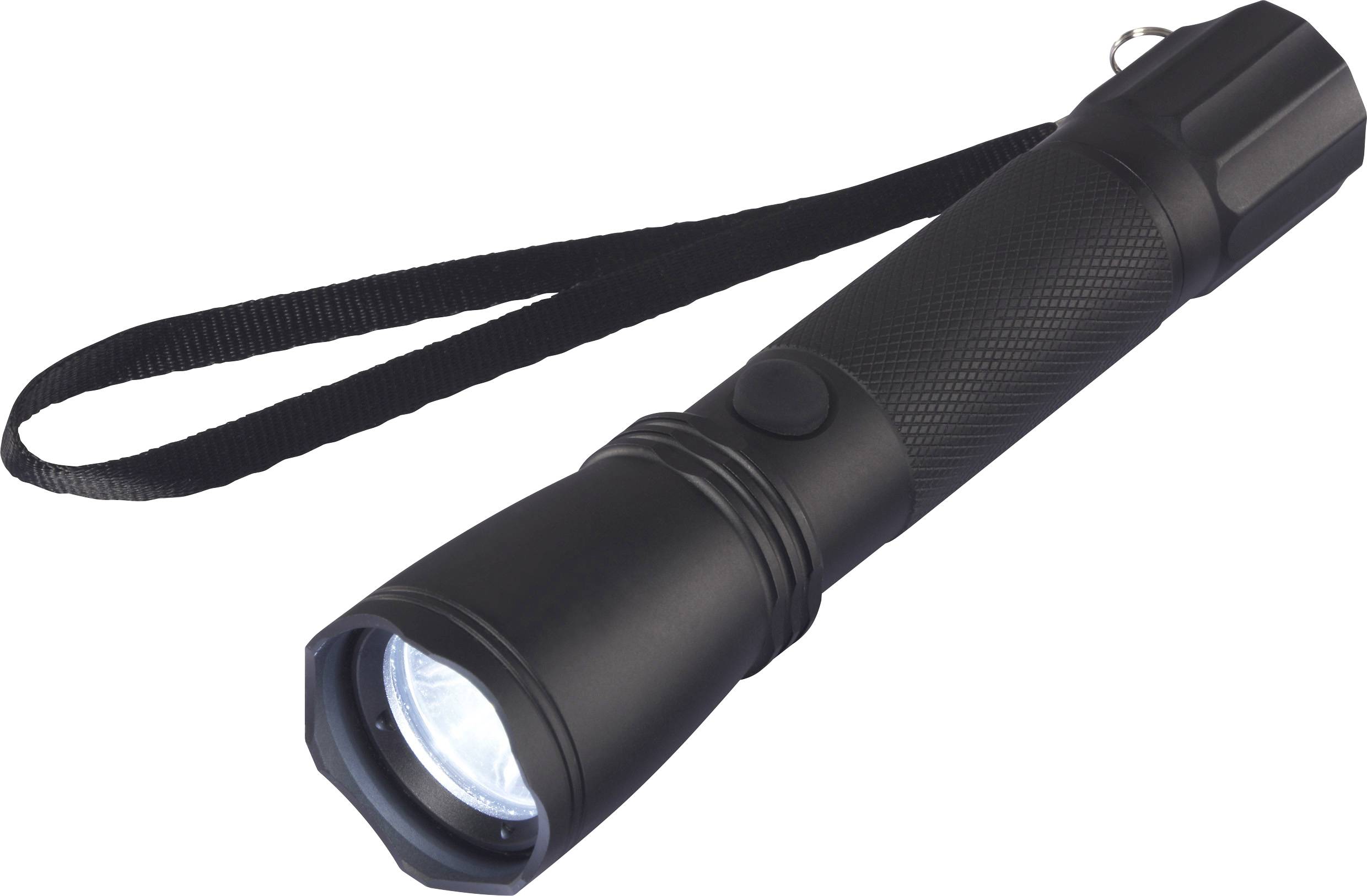 Zwarte zaklamp met gestructureerde greep en polsband, ingeschakeld, op een witte achtergrond.
