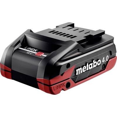 Metabo 18V LiHDX 4.0 batterijpak weergegeven in zwart en rood, schuin productaanzicht met zichtbare branding.