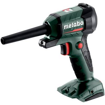 Groene Metabo draadloze luchtblazer met lange zwarte spuitmond en batterijbasis, afgebeeld op een witte achtergrond.