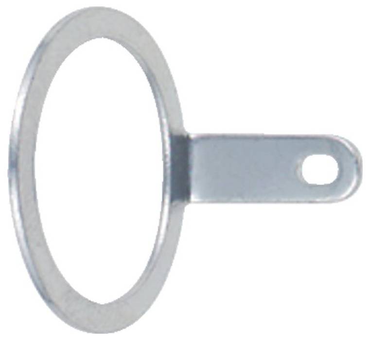 Een ovale metalen ring met een platte bevestigingsplaat en een gat aan het einde van de plaat.