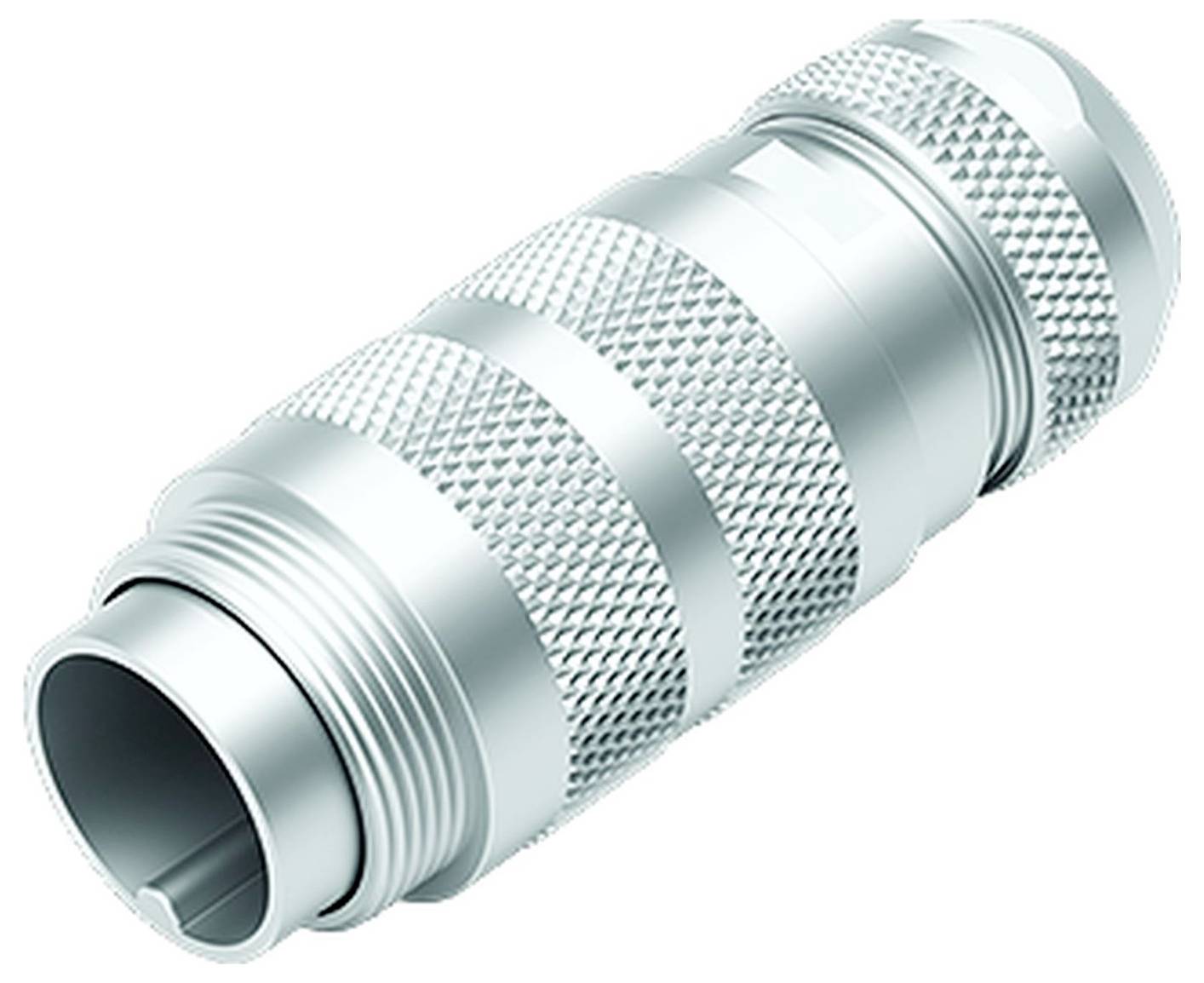 Metalen aansluitstekker met gegroefde oppervlakte voor betere grip, cilindrische vorm, geschikt voor kabelaansluitingen.