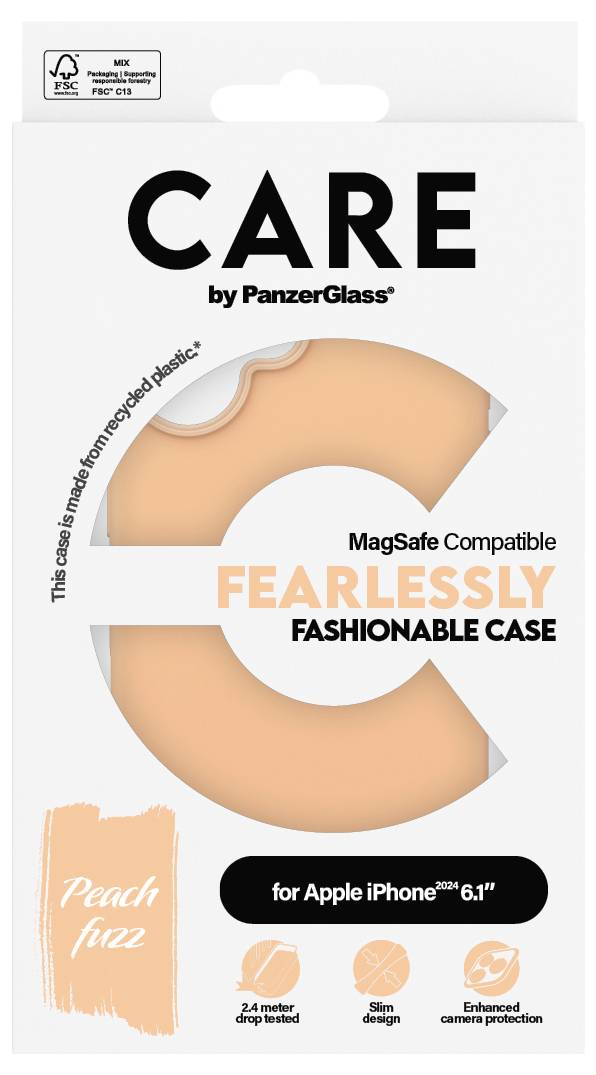 Verpakking van een PanzerGlass CARE MagSafe-compatibele iPhone-hoes in Peach Fuzz. Tekst: 'MOEDIG EN MODIEUS HOESJE', gemaakt van gerecycled plastic.