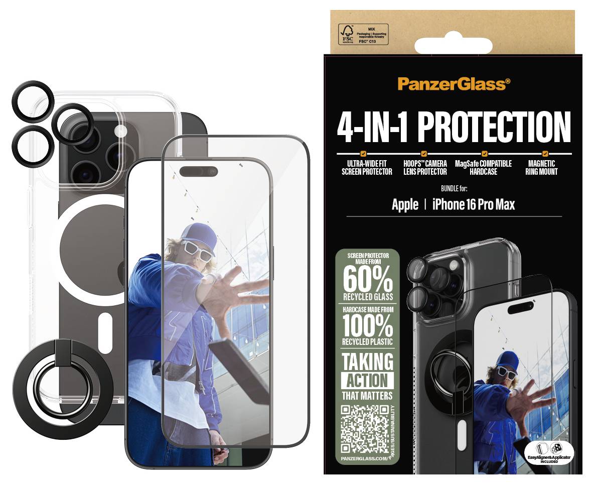 Verpakking van een 4-in-1 beschermingsset met gehard glas voor iPhone 16 Pro Max. Getoond worden camerabescherming, schermbescherming, ringhouder.