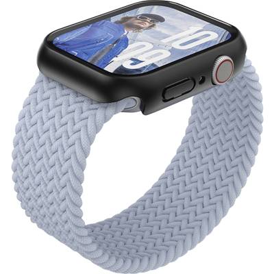 Smartwatch met gevlochten lichtblauw bandje, display met zwarte rand, toont beeld van een man en digitale tijd '10:09'.
