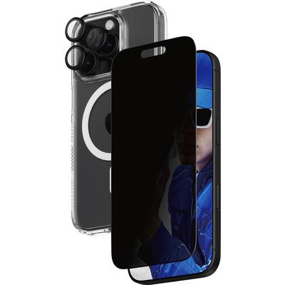 Twee mobiele telefoons, waarvan één de achterkant toont met drie cameralensen, en de andere de voorkant met een persoon in blauwe kleding en zonnebril.