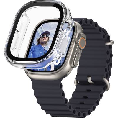 Een smartwatch met een zwarte band en een transparente behuizing, die een afbeelding toont van een persoon met een zonnebril en een blauw shirt.