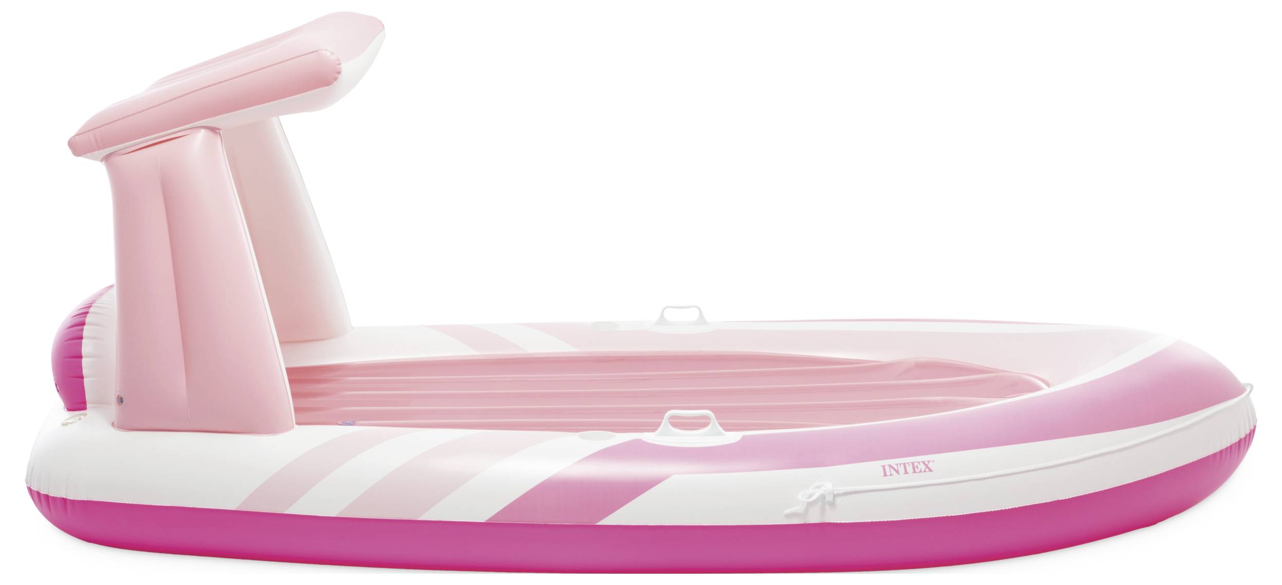 Opblaasbare, roze boot met zonnedak, geschikt voor waterrecreatie.