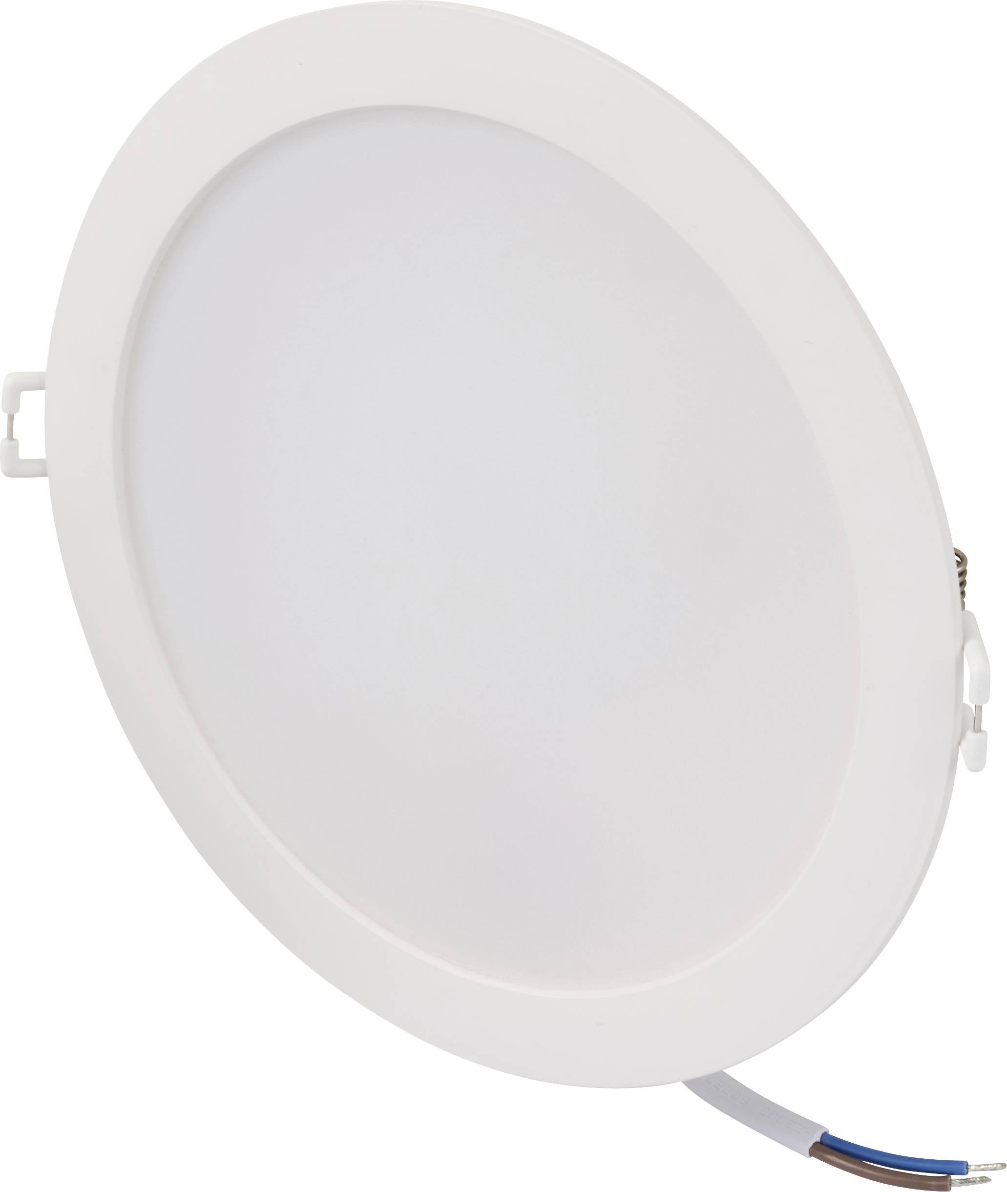 Een ronde, platte LED-plafondspot in witte kleur met zichtbare kabelaansluitingen aan de zijkant, geschikt voor moderne ruimteverlichting.