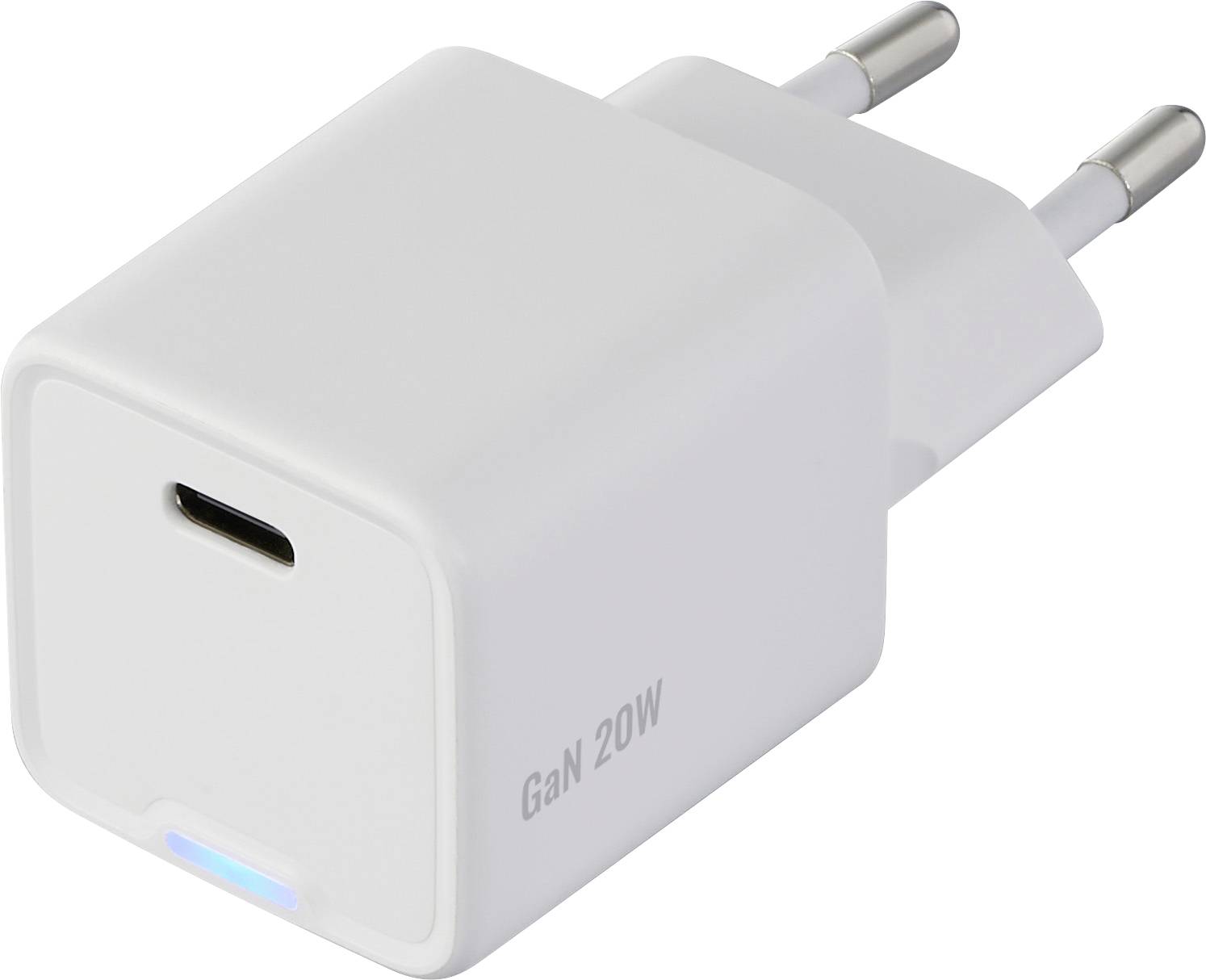 Wit oplader met USB-C-aansluiting, opdruk 'GaN 20W', geschikt voor snel opladen.