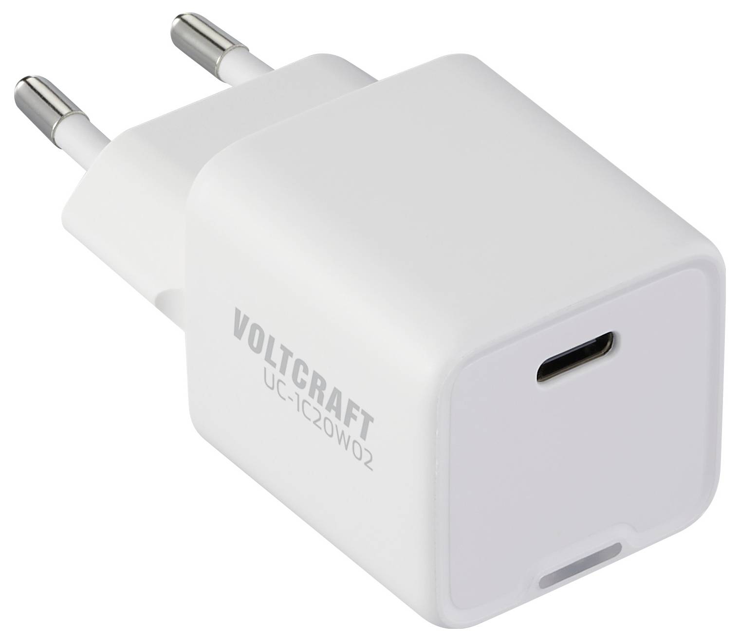 Wit USB-oplader met twee ronde metalen pinnen en een USB-C-aansluiting, gemarkeerd met 'VOLTCRAFT UC-12CW02'.